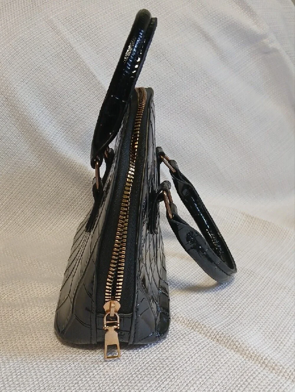 Glossy Black Croc-Embossed Dome Satchel with Top Handles